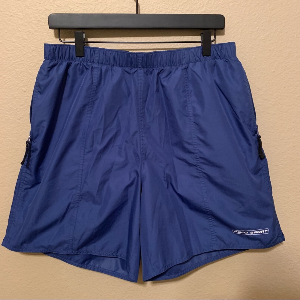 Vintage Polo Sport Blue Zippered Pocket Swim Trunks